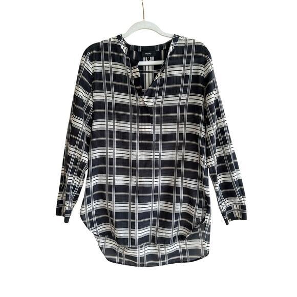 Theory Silk Tunic Blouse Sheer Black White Plaid Size Medium - Picture 1 of 7